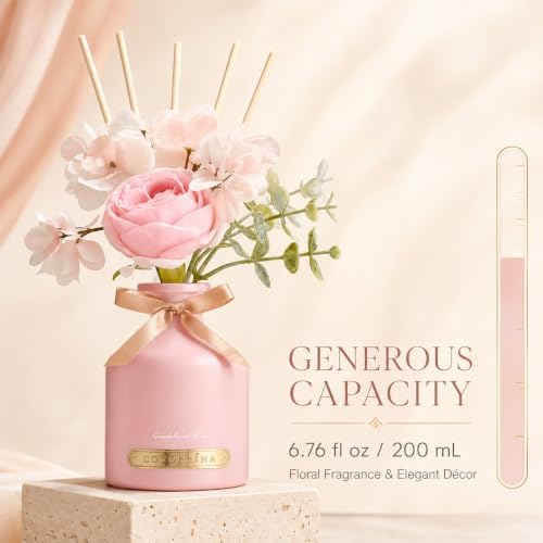 COCORRÍNA Flower Reed Diffuser Set, 6.7oz Sandalwood Rose Scented Oil Diffuser with Sticks, Long Lasting Home Fragrance for Bathroom, Bedroom, Living Room & Shelf Decor