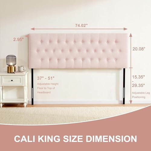 Upholstered Headboard California King, Adjustable Height 37''- 51'', Pink