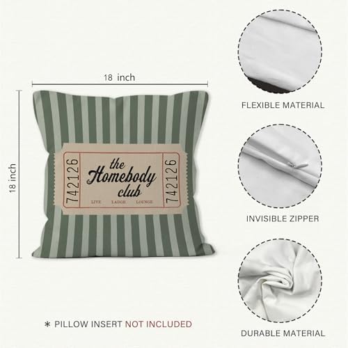 Trendy Retro the Homebody Club Throw Pillow Cover 18x18, Green Striped Cozy Aesthetic Decorative Pillow Covers for Home Bedroom Living Room Couch, Introvert Gifts Accent Pillows Cover Pillowcases