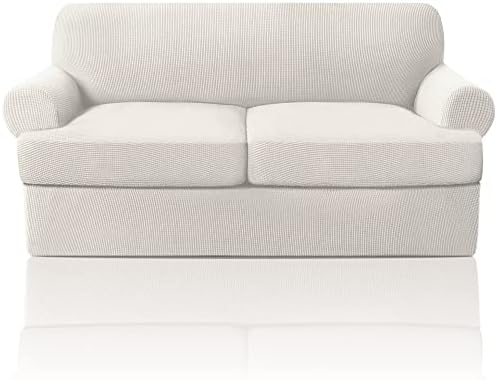 PrinceDeco T Cushion Loveseat Slipcover 3 Pieces Sofa Covers for T Cushion Sofa Stretch Slip Covers for 2 Cushion Couch with 2 Individual T Shape Seat Covers Width Up to 76"- Washable, Ivory