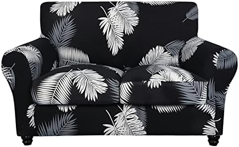 SearchI Stretch Sofa Cover Printed Couch Cover, Floral Pattern 3 Pieces Loveseat Slipcover with 2 Separate Cushion Cover, Washable Furniture Protector for Living Room(Loveseat, Black+Palm Leaves)