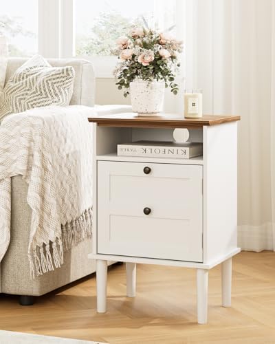 Nightstand, Boho Night Stand with 1 Drawer, Modern Side Accent Table with Open Shelf, Wooden Top Bedside End Table for Bedroom, Living Room, White