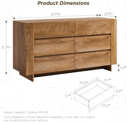 OKD 60" Modern 6 Drawer Dresser for Bedroom, 20" Depth for More Storage