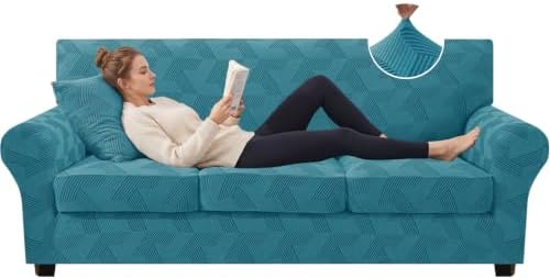 ZNSAYOTX 4 Piece Stretch Couch Covers (72"-90") New-Rectangle Texture, Thick Sofa Covers for 3 Cushion Couch Universal Sofa Slip Cover with Elastic Bottom & Buckle, Washable Protector Peacock Blue
