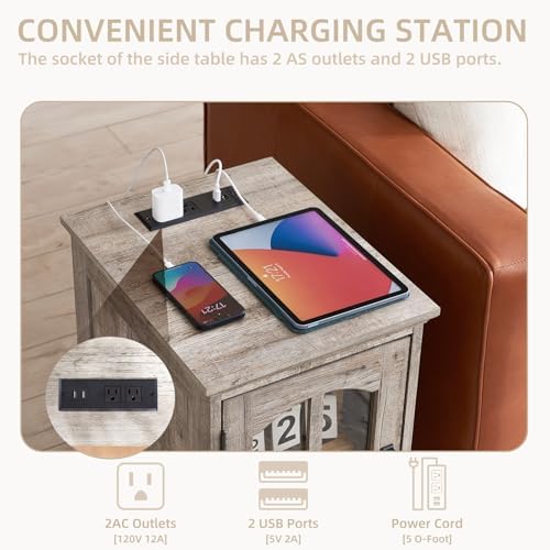 Narrow Side Table Set of 2, Farmhouse Nightstand with Charging Station