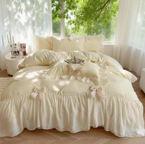IHOUSTRIY Duvet Cover Full Size, Ruffle Beddding Set with Bowtie, 3 Pieces Comforter Cover Set with Zipper Closure, Girl Princess Bedding with Pillowcase - Cream Yellow, Full