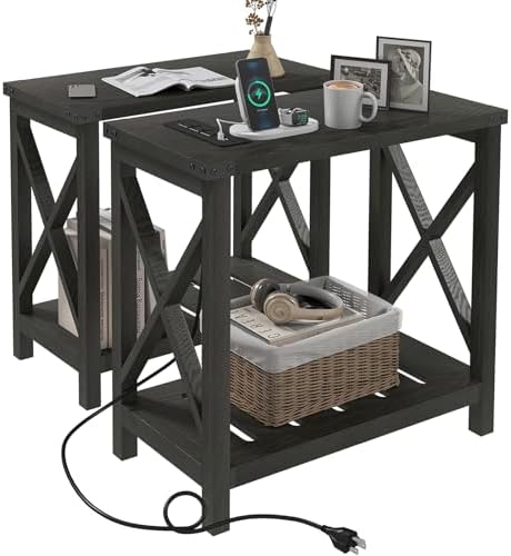 Hadulcet Farmhouse End Tables Living Room Set of 2 - Narrow Side Table with Charging Station, Slim Nightstand for Small Space, Skinny Bedside Table, Sofa Side Table with Storage Shelf, Black