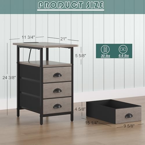 sthmec End Table with Charging Station,LED Side Tables with USB Ports and Outlets,Narrow Nightstands Bedside Tables with 3 Drawers for Small Space,Slim Sofa Table for Livingroom,Grey