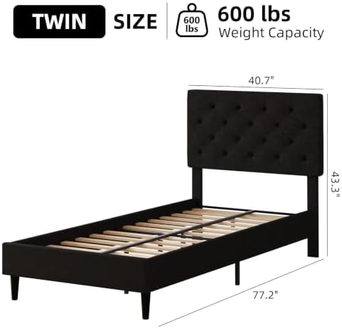 HOMBCK Twin Size Bed Frame with Adjustable Headboard, Black