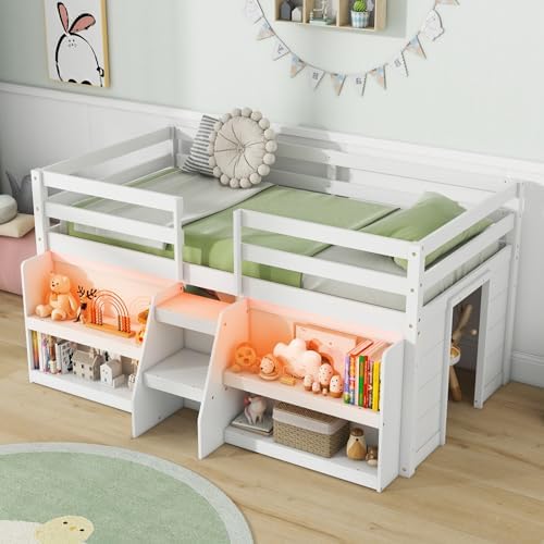 GIANTEX Twin Loft Bed with LED Lights, Wooden Loft Bed Twin Size with Stairs & Safety Guardrail, Low Loft Bed for Kids with Storage Bookcase and Under-Bed Play Space, White