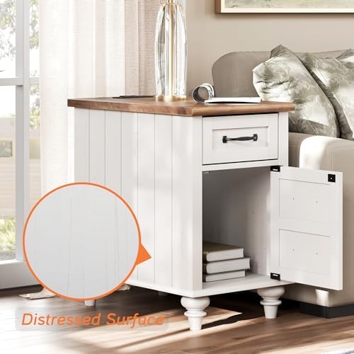 WAMPAT Side Table with Charging Station, Farmhouse Nightstand, Off White