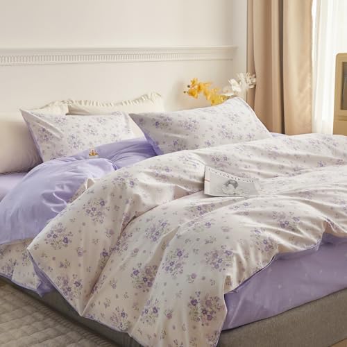 Purple Flower Duvet Cover Set Twin Cotton 3 Pcs Girls White Lavender Comforter Cover with Zipper Closure,Romantic Duvet Cover + 2 Pillowcases for Spring