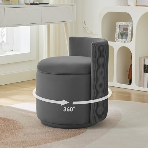 WUTUTUEE Velvet Vanity Chair with Storage, 360° Swivel Makeup Chair with Wave Back, No Assembly Small Accent Stool for Bedroom, Dressing, Living Room, Grey