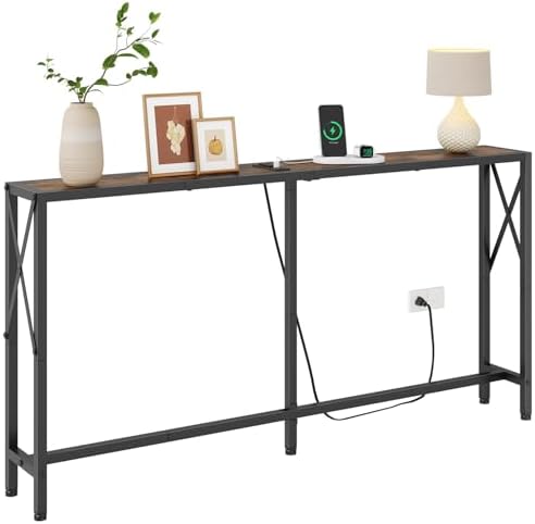 Gewudraw Narrow Console Table - 55.1" Sofa Table Behind Couch with Socket