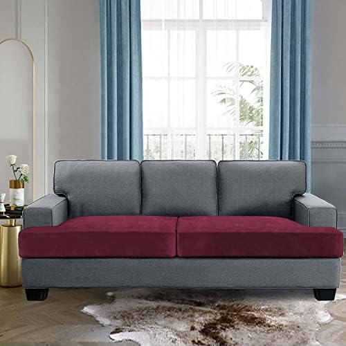 H.VERSAILTEX Stretch Velvet 2 Piece T Cushion Sofa Slipcovers Individually Sofa Cushion Covers for 2 Cushion Couch Seat Cushion Covers Stay in Place (Sofa, Burgundy)