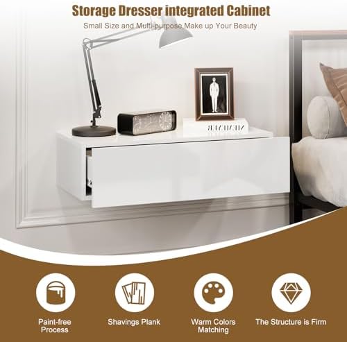 HedoAjim White Modern Floating Wall Mounted Nightstand with Drawer Storage Wood Bedside Table Small Wall Shelf for Bedroom Living Room