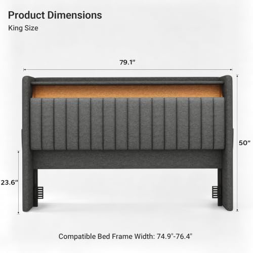 S.E.C.D Upholstered King Size Headboard Only with 2-Tier Storage, Dark Gray