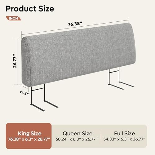 Pinmoco 4.7” Headboard Only for King Size Bed, No Drill Needed, Gray