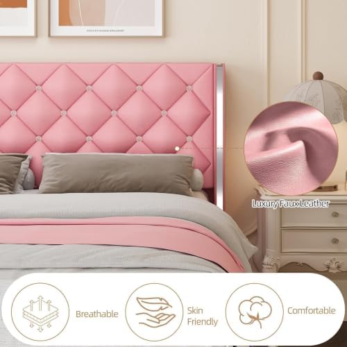 HOMBCK Queen Size Bed Frame with PU Headboard, Silverside Wingback, Pink