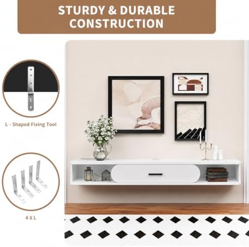 GHC Floating TV Stand, 65'' Wall Mounted TV Cabinet, Floating Shelves with Door, Media Console for DVD Player, Space-Saving Under TV Shelf for Living Room & Bedroom (White)