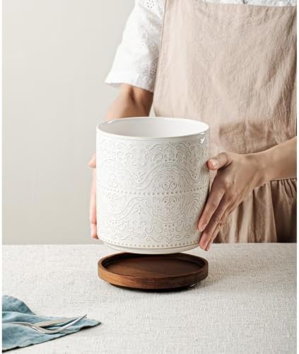 Kitchen Utensil Holder, 360° Rotating Extra Large Ceramic Utensil Holder with Embossed Pattern, 7.3” Cooking Utensil Crocks for Kitchen Countertop, Home Decor, Off-White, Lace Pattern