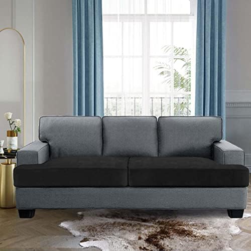 H.VERSAILTEX Stretch Velvet 2 Piece T Cushion Sofa Slipcovers Individually Sofa Cushion Covers for 2 Cushion Couch Seat Cushion Covers for Sofa Seat Cushion Covers Stay in Place (Sofa, Black)