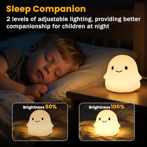 Ghost Night Light for Kids, Cute Squishy Silicone Ghost Lamp, 50-Hour Rechargeable Bedside Light with Tap Control, 2 Brightness Levels, 30-Min Auto-Off Timer, Halloween Gifts