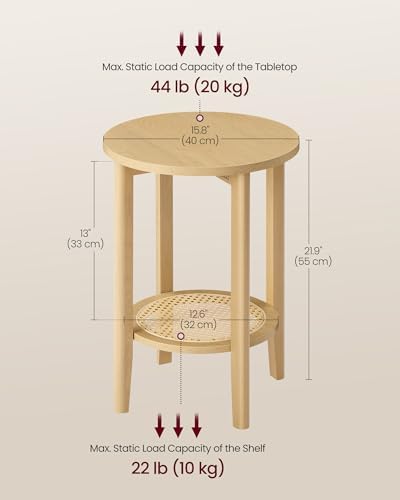 VASAGLE Round Side End Table, 2-Tier Boho Bedside Table with Rattan-Look