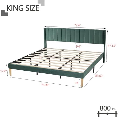 King Size Bed Frame with Velvet Upholstered Headboard, Green