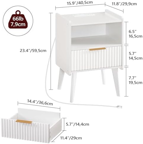 MAHANCRIS White Nightstand with Charging Station, Modern Fluted End Table
