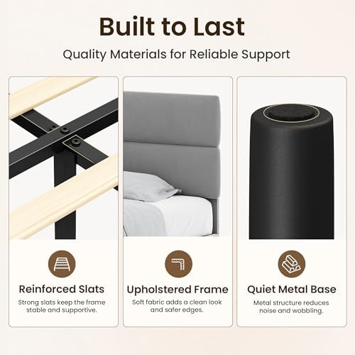 GRUSIGN Platform Bed Frame with Velvet Headboard, Adjustable Height Wooden Slats Support, Upholstered Mattress Foundation, Fits Mattress or Mattress with Box Spring, Easy Assembly, Grey, Queen