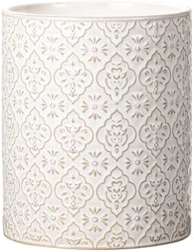 Kitchen Utensil Holder, 6x7 inch Large Ceramic Utensil Holder with Embossed Pattern, Cooking Utensil Crocks for Kitchen Countertop, Home Decor, Off-White