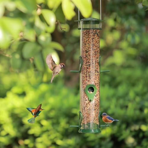 2 Packs Green Bird Feeder Tube Hanging Feeders, 6 Port Wild Bird Feeders Premium Hard Plastic with Steel Hanger Weatherproof and Water Resistant Great for Attracting Birds 18.2 Inches Large
