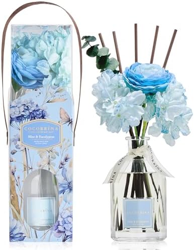 COCORRÍNA Reed Diffuser - Mint & Eucalyptus 8.5 Fl.oz Flower Reed Diffuser with Sticks, Bedroom Bathroom Shelf Decor (Floral Basket Collection)