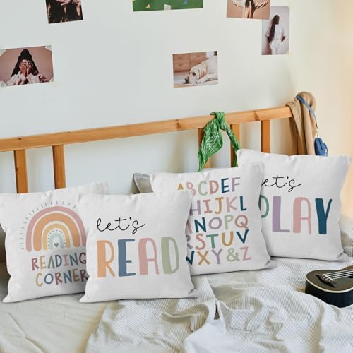 Kids Throw Pillow Covers 18x18, Let's Read Play English Alphabet Rainbow Decorative Pillow Covers for Kids Nursery Reading Corner Room Nook Playroom, Classroom Accent Pillows Cover Set of 4