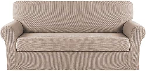 Turquoize Stretch Sofa Slipcover 2 Pieces Sofa Cover Couch Cover for 3 Cushion Couch Washable Furniture Protector Covers with Elastic Bottom Feature Thick Jacquard Fabric (Sofa, Sand)
