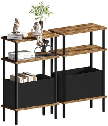 Narrow Side Table with Fabric Basket, Set of 2 End Table for Small Spaces, Slim Nightstand with 3-Tier Storage Shelf, Sofa Beside Table, for Living Room, Bed Room, Rustic Brown