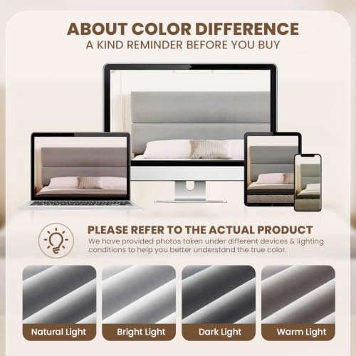 GRUSIGN King Size Platform Bed Frame with Velvet Headboard, Adjustable Height Wooden Slats Support, Upholstered Mattress Foundation, Fits Mattress or Mattress with Box Spring, Easy Assembly, Grey