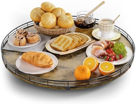 Lazy Susan Turntable Organizer for Table Top, 21’’ Round Wooden Lazy Susan for Cabinet Kitchen Countertop Pantry Dining Coffee Table for Condiments Spices, Rustic Bathroom Vanity Tray for Soap Candle