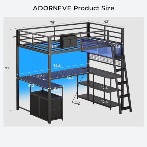 ADORNEVE Gaming Loft Bed Twin Size with U-Shaped Desk & RGB Cabinet, Black