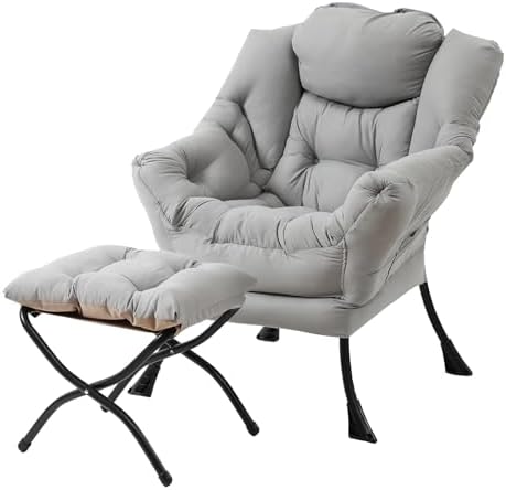 Welnow Lazy Chair with Ottoman, Reading Chair with Footrest,Soft Gray