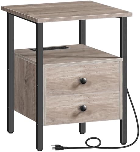 HOOBRO End Table with Charging Station, Bedside Table with Drawers