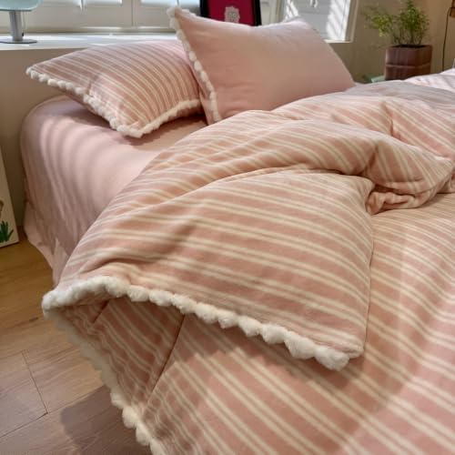 AOJIM Milk Velvet Duvet Cover Set Twin 3 Pieces Retro Pink Striped Bedding