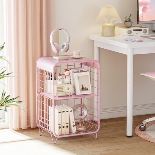 APEXCHASER Cute Kids Pink Nightstand,3 Tier Metal Side Table
