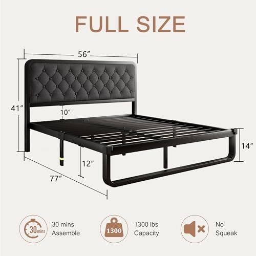 Einhomn Full Size Bed Frame with Linen Tufted Headboard, Heavy Duty Metal Platform Bed Frame with U-Shaped Foundation, 12" Underbed Space, Noise Free, No Box Spring Needed, Easy Assembly, Dark Grey