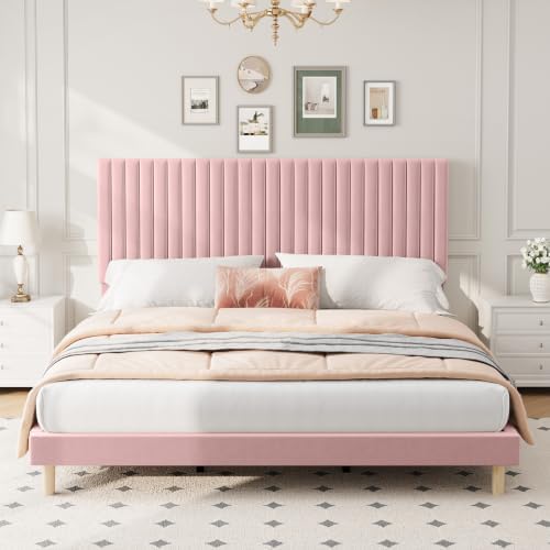 GAOMON King Bed Frame with Adjustable Headboard, Velvet Upholstered Platform King Size Bed Frame, Vertical Channel Tufted, Strong Wooden Slats, No Box Spring Needed, Easy Assembly, Pink