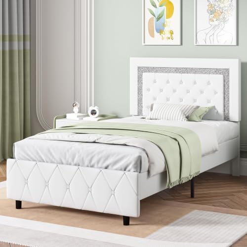 Twin Size Bed Frames, Upholstered Bed with Diamond Headboard,White