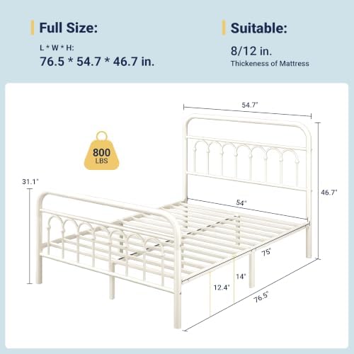 Allewie Full Size Metal Platform Bed Frame with Headboard, Cream