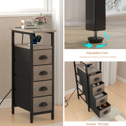 sthmec Side Table with Charging Station, Narrow End Table with 4 Drawers, LED Nightstands with Fabric Drawers,Slim Sofa Couch Side Tables for Small Spaces,Living Room,Bedroom, Grey