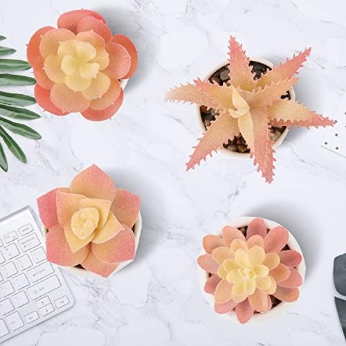 VIVERIE Mini Orange Artificial Succulent in Pots (White Ceramic, 4 Pot Set) Fake Plants for Indoors, Office Home Halloween/Christmas Decor Gifts-Faux Plant Gifts for Women